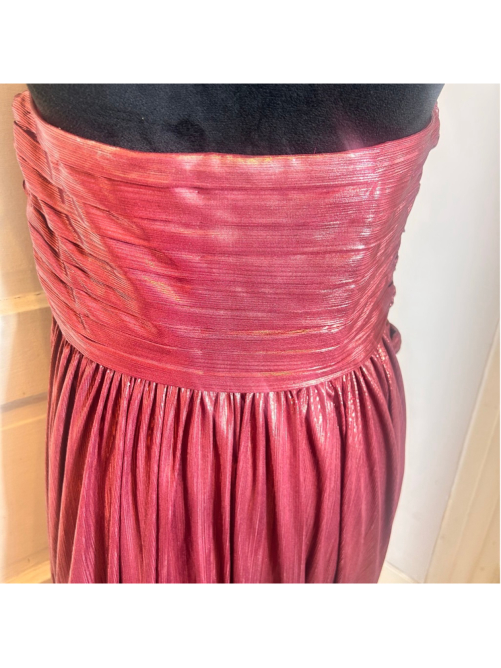 Women's Retrofete Red Metallic Ruched Strapless Maxi Dress Gown Disco Ethereal - Picture 8 of 9